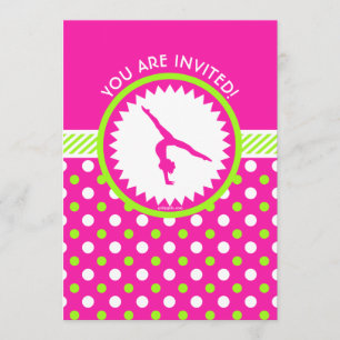 Convite Ginástica Personalizada Verde Rosa Polka-Pontos