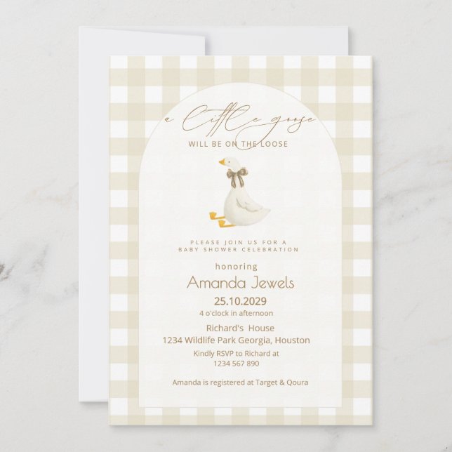Convite Ginga Bege Pequeno Ganso Laço Marrom Chá de Bebê (Frente)