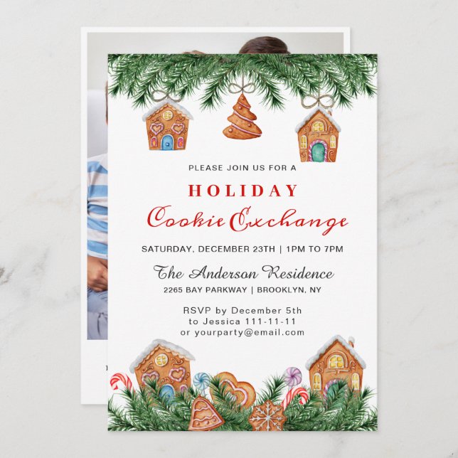 Convite Gingerbird House, Man Holiday Cookie Exchange (Frente/Verso)