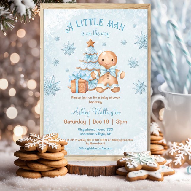 Convite Gingerbird Man Boy Blue Chá de fraldas de Natal (Gingerbread Man Boy Blue Christmas Baby Shower Invitation)