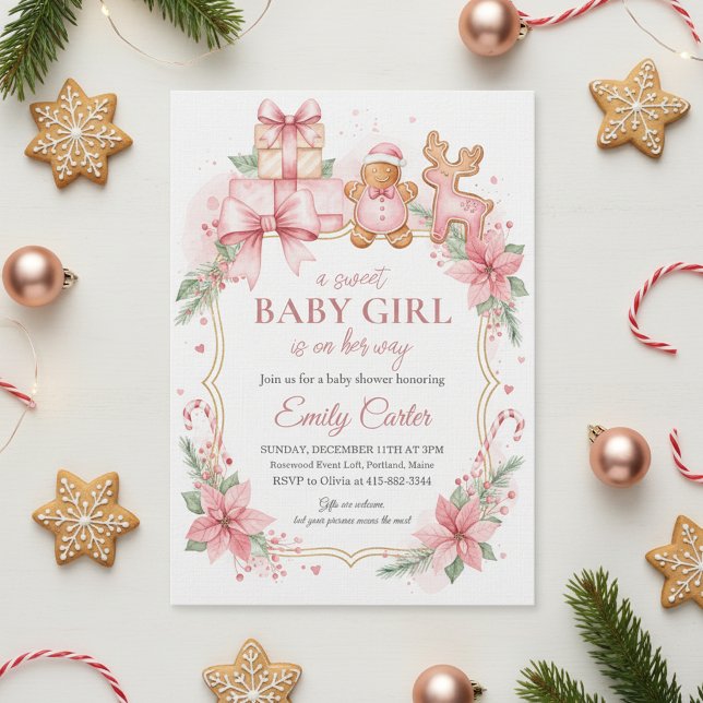 Convite Gingerbread Baby Girl Shower Invitation Christmas (Gingerbread Baby Shower)