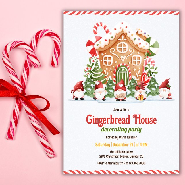 Convite Gingerbread House Decorating Christmas Party (Gingerbread House Decorating Party – Cute Gnomes, Candy Cane, Personalized)