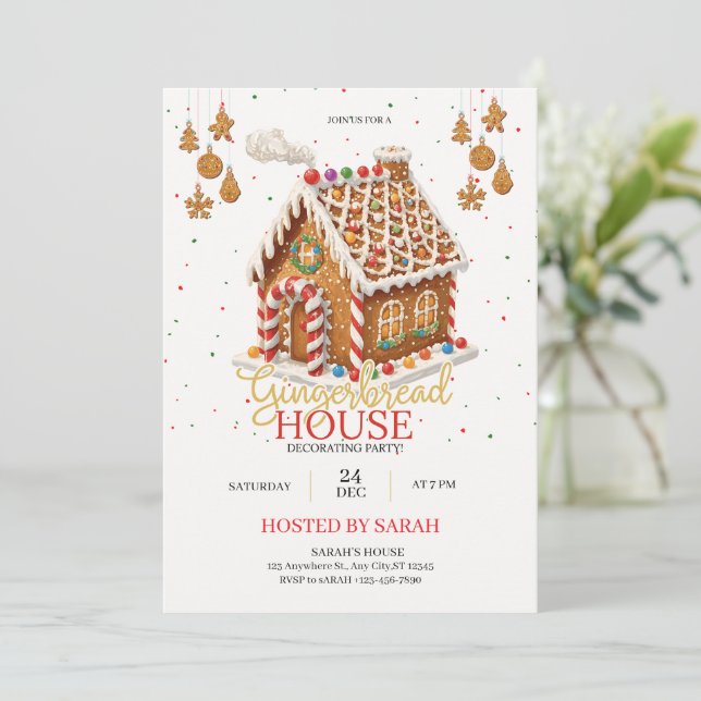 Convite Gingerbread House Decorating Party Invitation  (Em pé/Frente)