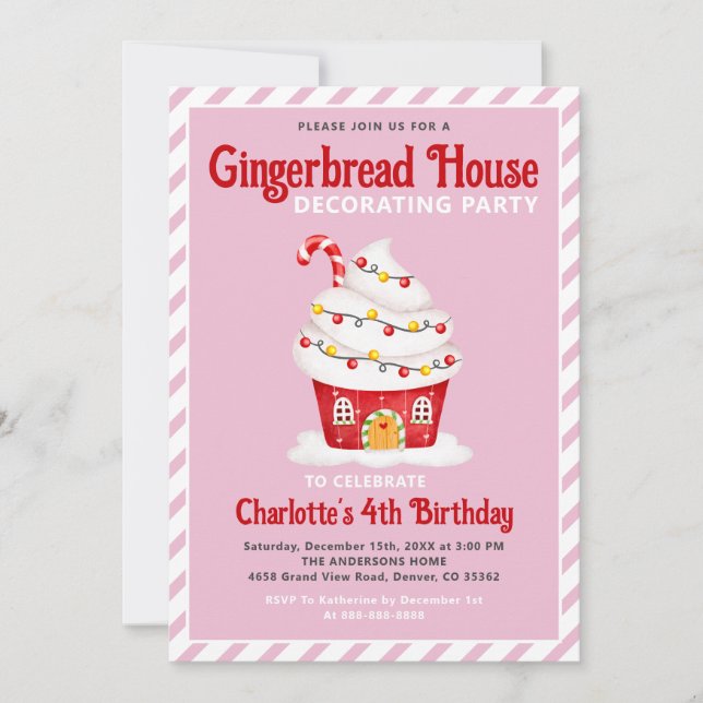 Convite Gingercake House Candy Cane Rosa (Frente)