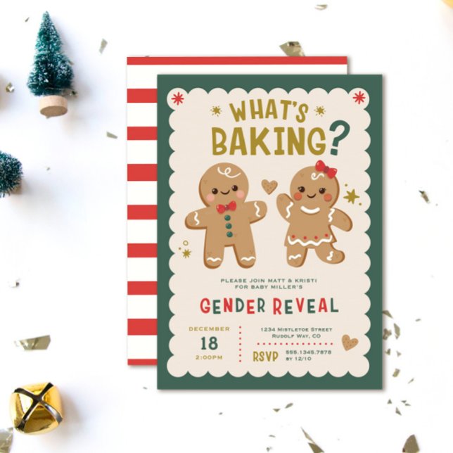 Convite Gingerpão O que está assombrando a Revelação do Gê (What's Baking? Christmas gingerbread gender reveal invitations. He or She)