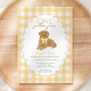 Convite Gingham Amarelo, primeiro aniversario Ano, Puppy