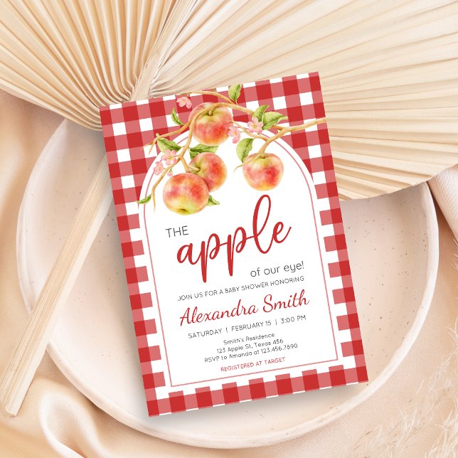 Convite Gingham Apple of Our Eye Baby Shower (Apple Baby Shower Invitation)