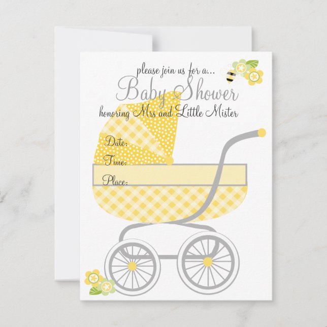 Convite Gingham Baby Buggy Amarelo (Frente)