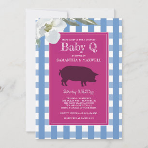 Convite Gingham Baby Q, de cor azul e rosa