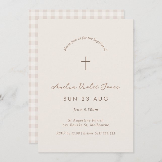 Convite Gingham Baptism Minimo Christening Cross Invite (Frente/Verso)