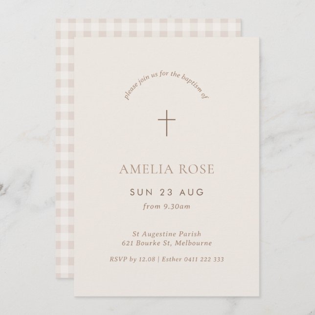 Convite Gingham Baptism Minimo Christening Cross Invite (Frente/Verso)