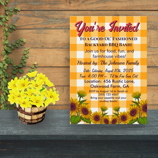 Convite Gingham BBQ Invite Barn Style Backyard Party   (Criador carregado)