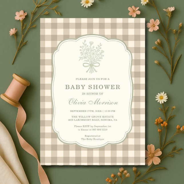 Convite Gingham Beige Ivory Floral Bow Baby Shower (Criador carregado)