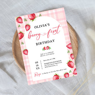 Convite Gingham Berry, cor-de-rosa, primeiro primeiro aniv