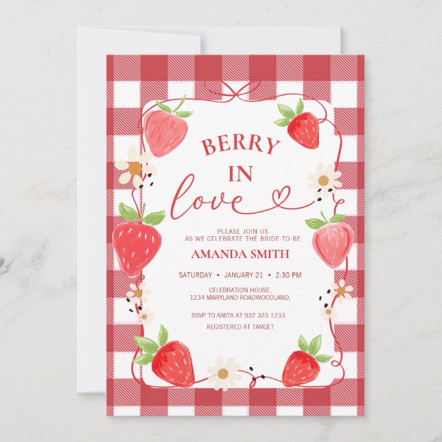 Convite Gingham Berry In Love Red Bow Bridal Shower (Frente)