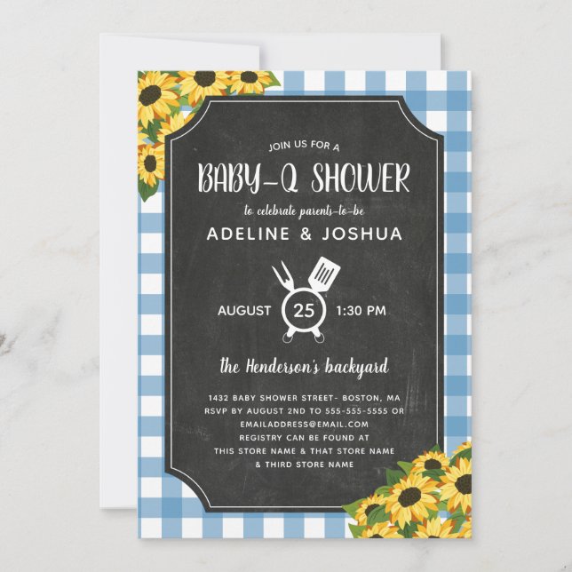 Convite Gingham Blue Chalk Sunflower Boy Baby-Q Chá (Frente)