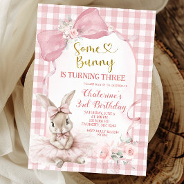 Convite Gingham Blush Pink Floral Bow Bunny Ballerina