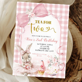 Convite Gingham Blush Pink Floral Bow Bunny Tea Party