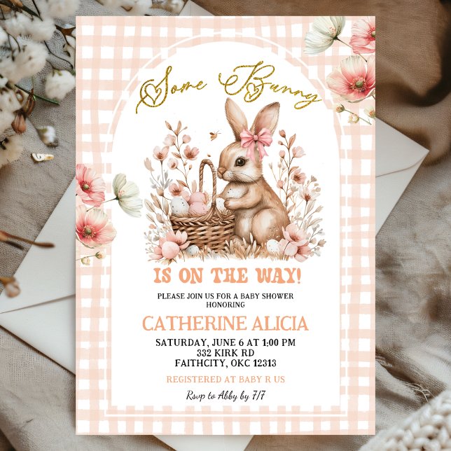 Convite Gingham Boho Floral Easter Bunny Baby Shower (Criador carregado)