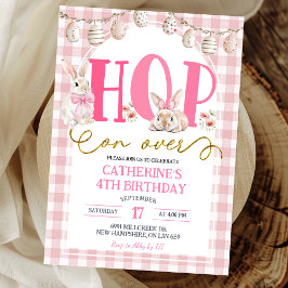 Convite Gingham Boho Floral Hop on over Bunny Birthday
