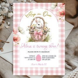 Convite Gingham Boho Pink Bow Floral Easter Bunny Birthday