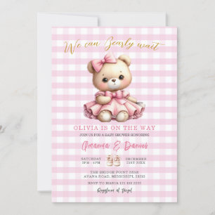 Convite Gingham, Chá de fraldas de Urso Rosa, Pode Esperar