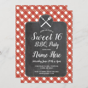 Convite Gingham Chalk Vermelho, CHURRASCO de 16 Festas de