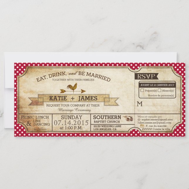 Convite Gingham Check Country Picnic Weding French (Frente)