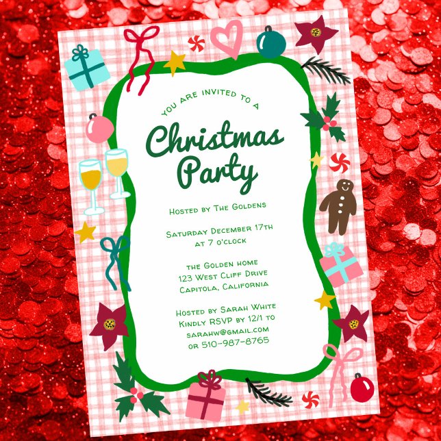 Convite Gingham Christmas Quirky Whimsic CUSTOM Party (Gingham Christmas Quirky Whimsical Doodle CUSTOM Holiday Party Invitation
)