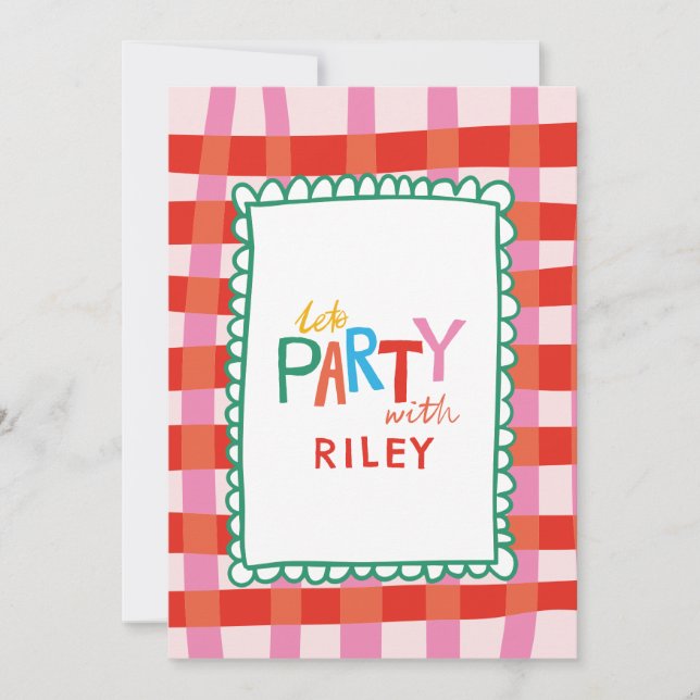 Convite Gingham Colorido "Vamos Festejar" Nome Personaliza (Frente)