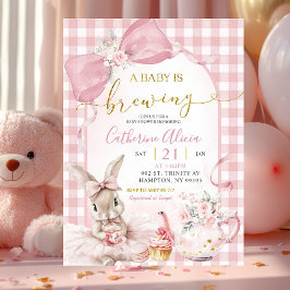 Convite Gingham Coquette Pink Floral Bunny Baby Shower