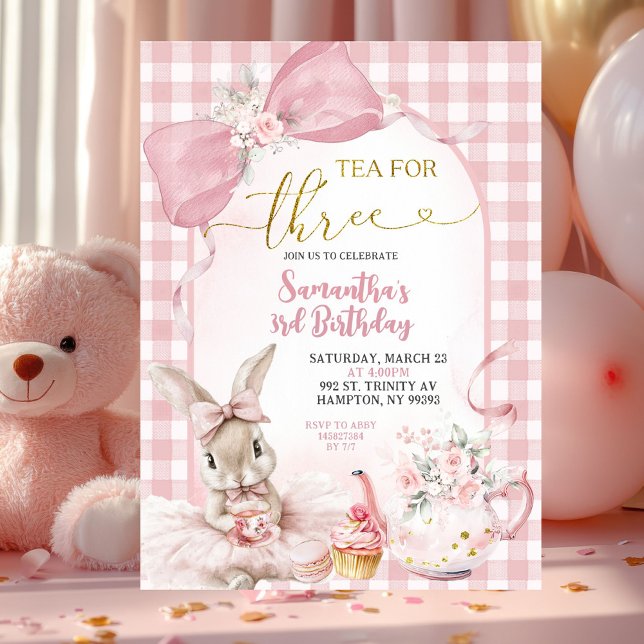 Convite Gingham Coquette Pink Floral Bunny Third Birthday (Criador carregado)