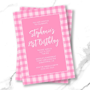 Convite Gingham Cor-de-Rosa Ondulado de Aniversário de 21