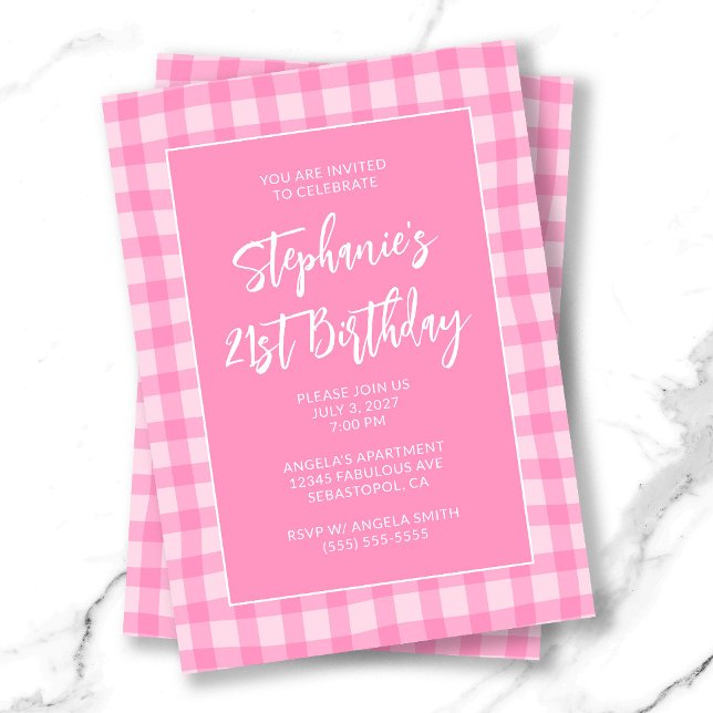 Convite Gingham Cor-de-Rosa Ondulado de Aniversário de 21  (Wavy Pink Summer Gingham Bold 21st Birthday Invitation)