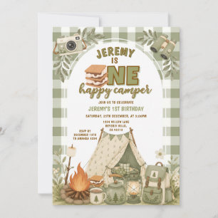 Convite Gingham de S'mores Verdes Garoto de Acampamento Fe
