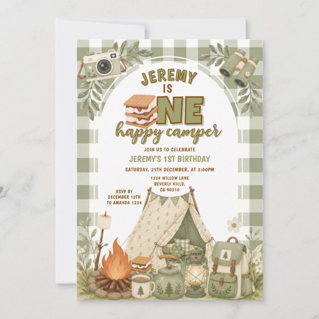 Convite Gingham de S'mores Verdes Garoto de Acampamento Fe (Frente)