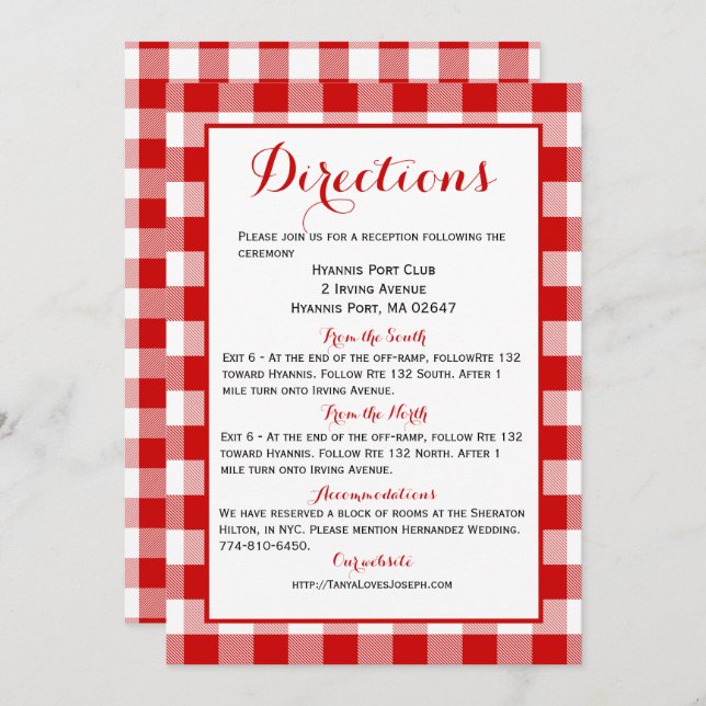 Convite Gingham Diretions Details Red White Check Weding (Frente/Verso)