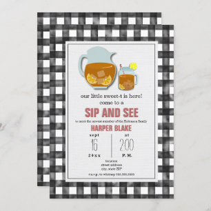 Convite Gingham doce Chá Sip & See Baby Invitation