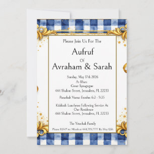 Convite Gingham Dourado Azul Branco, Aufruf Judaico, Luxo