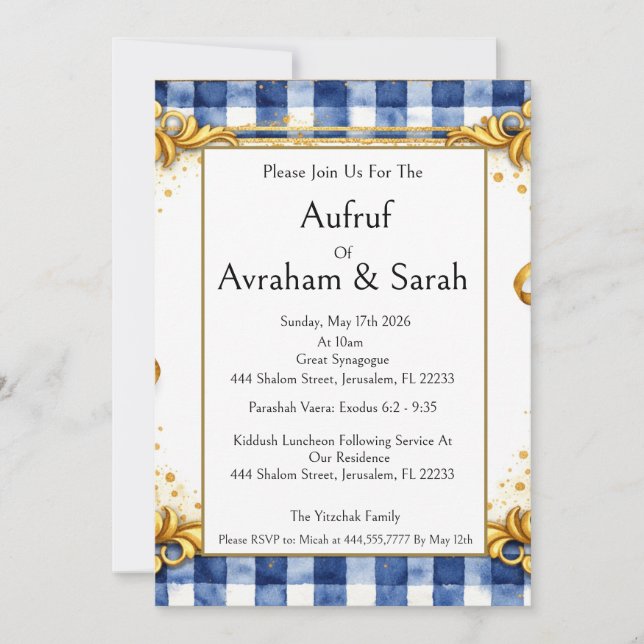 Convite Gingham Dourado Azul Branco, Aufruf Judaico, Luxo (Frente)