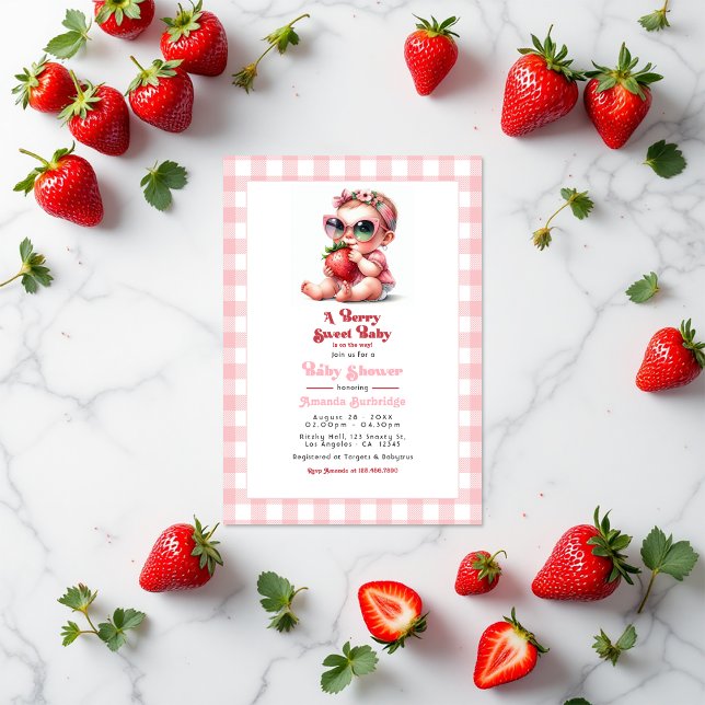 Convite Gingham e Strawberry Berry Sweet Chá de fraldas (Gingham and Strawberry Berry Sweet Baby Shower Invitation)
