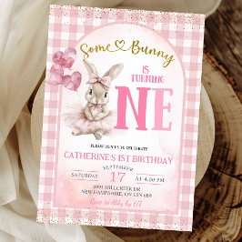 Convite Gingham Floral Ballerina Bunny First Birthday