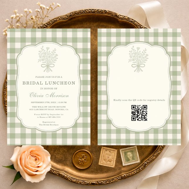 Convite Gingham Floral Bow Bridal Luncheon QR Code (Criador carregado)