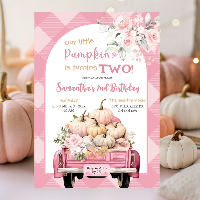 Convite Gingham Floral Fall Pumpkin Theme Birthday (Criador carregado)