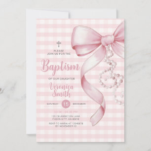 Convite Gingham Girl Baptism Pearm Arco Rosa Cross