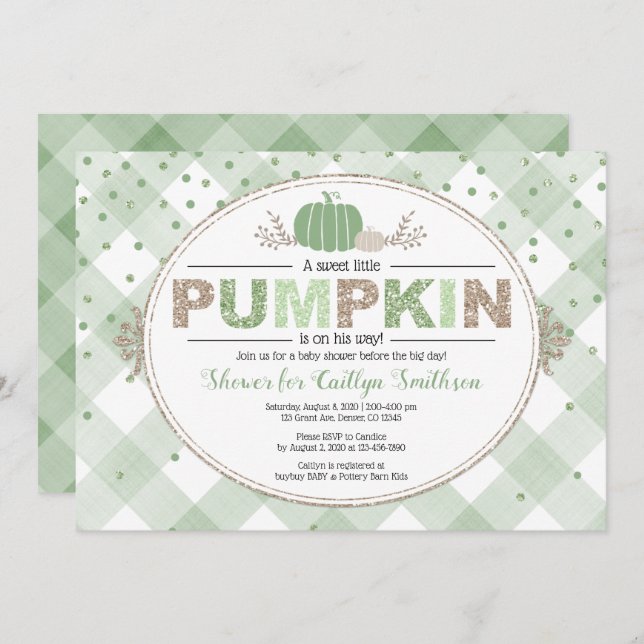 Convite Gingham Green Bompkin fall confetti chá de fraldas (Frente/Verso)