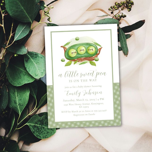 Convite Gingham Greenery Sweet Pea Em Chá de fraldas De Po (Gingham Greenery Sweet Pea In Pod Baby Shower Invitation)