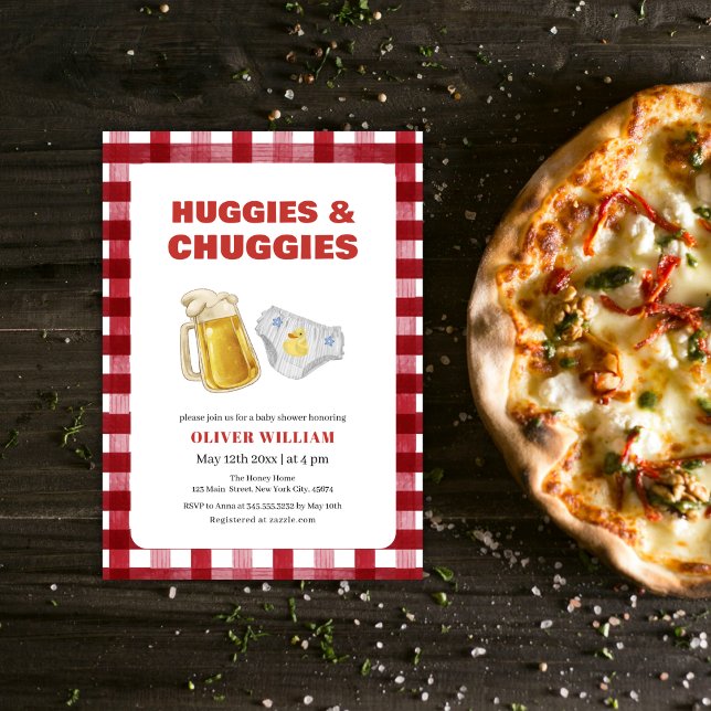 Convite Gingham Huggies Chuggies Beer & Diaper Baby Shower (Gingham Huggies Chuggies Beer & Diaper Baby Shower Invitation)