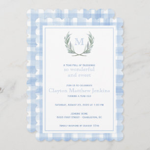 Convite Gingham Laurel Crest Azul Escalado Primeiro Aniver