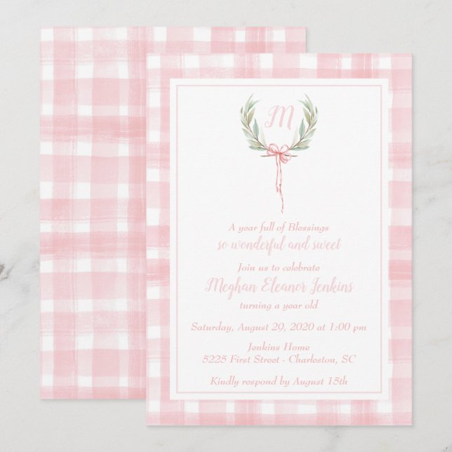 Convite Gingham Laurel Crest, Rosa, Primeiro Aniversário (Frente/Verso)